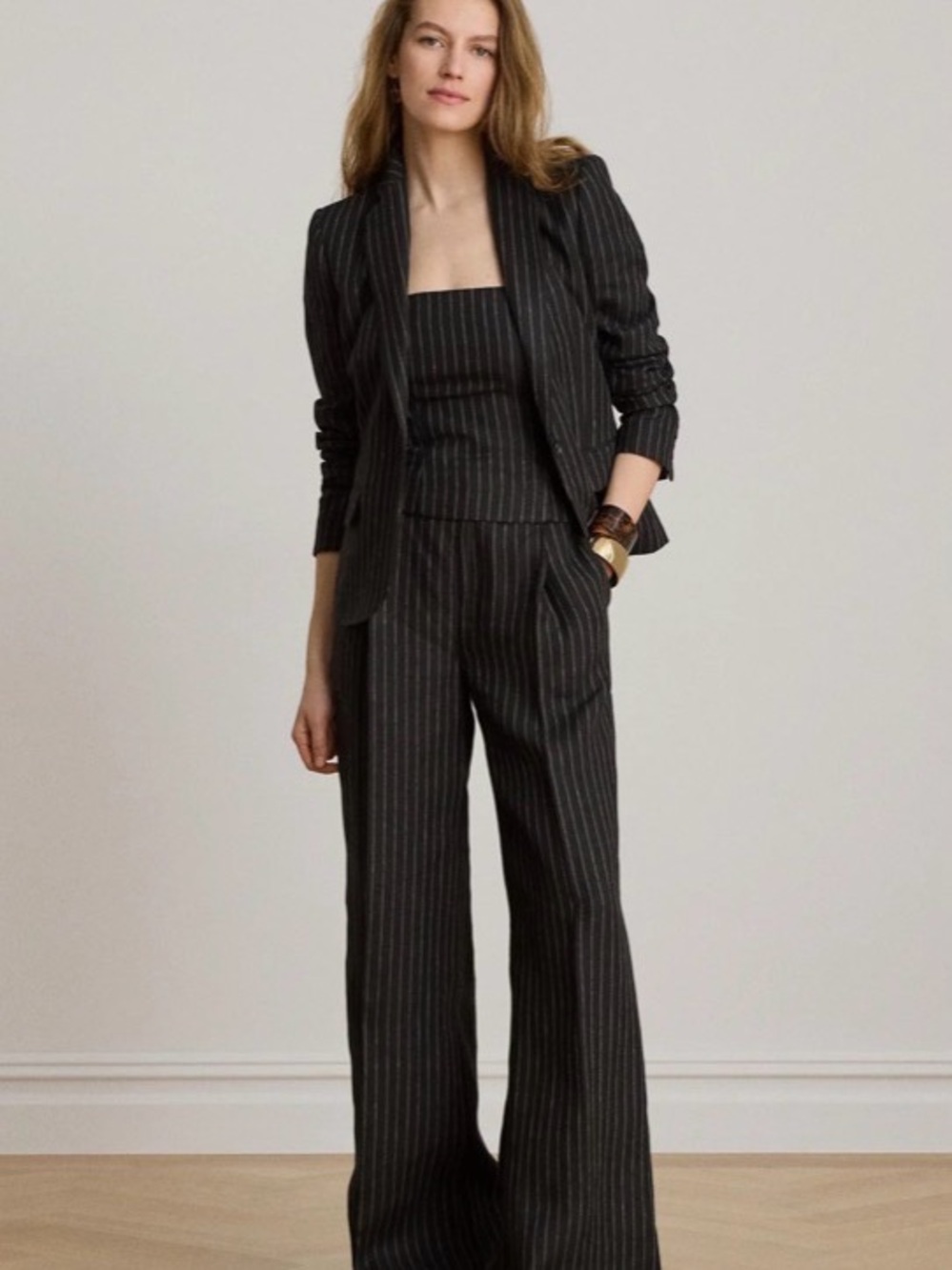Ralph Lauren Black Pinstripe Blazer & Wide-Leg Trousers Set